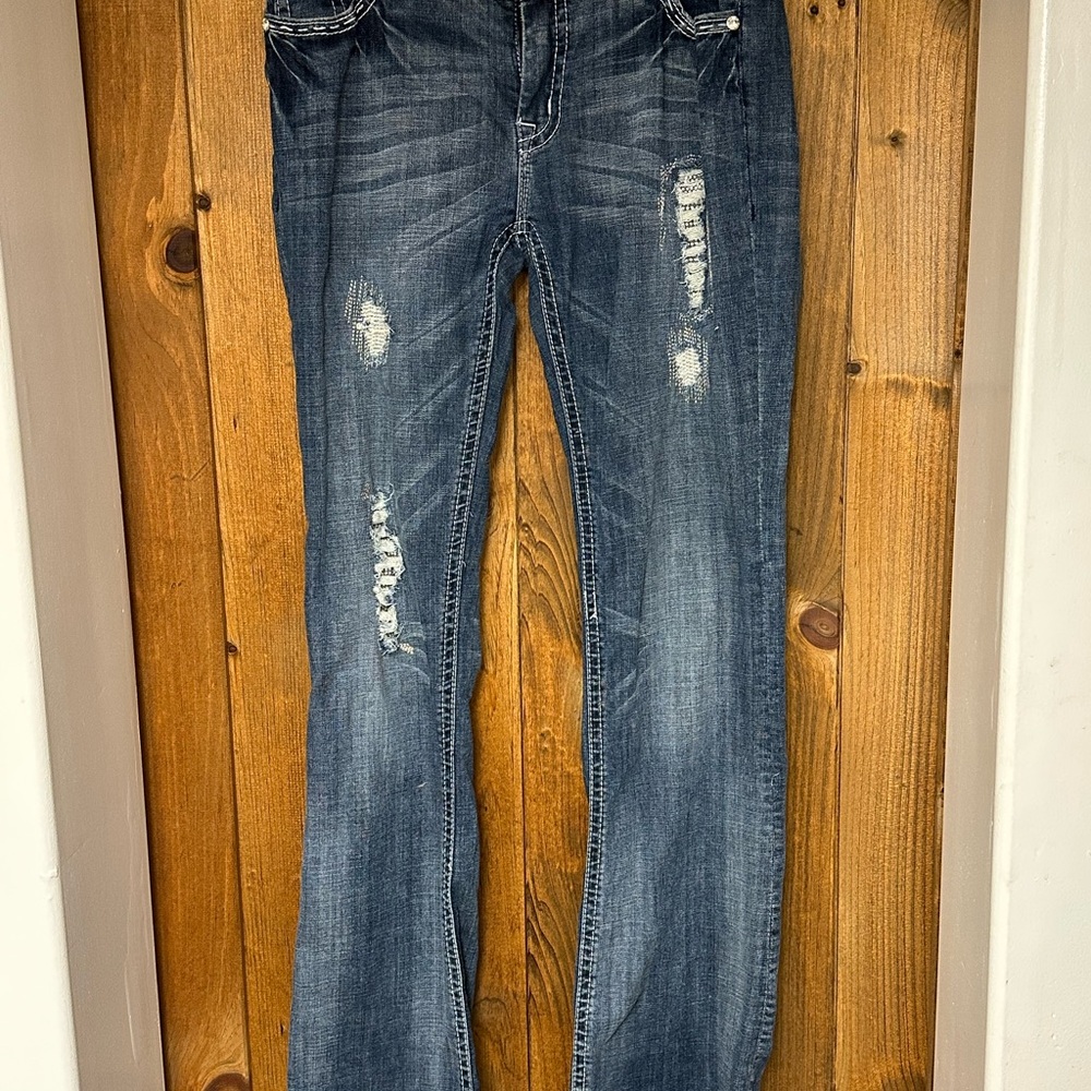 Rock & Roll Cowgirl Distressed Boot Cut Jeans - Blue